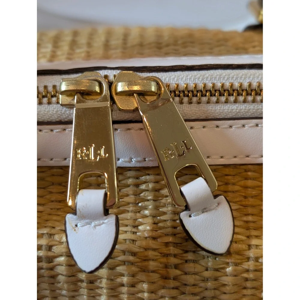 Lauren Ralph Lauren Straw Woven Satchel Bag White Leather Trim Gold Hardware